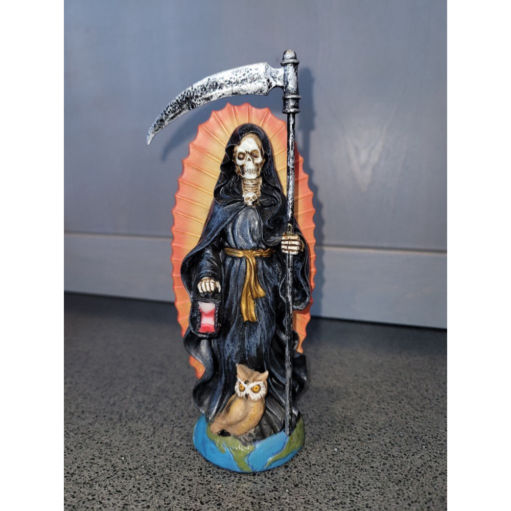 World of Wonders Grim Reaper Statue Owl Lantern Radiant Back Gothic Decor 8.5"